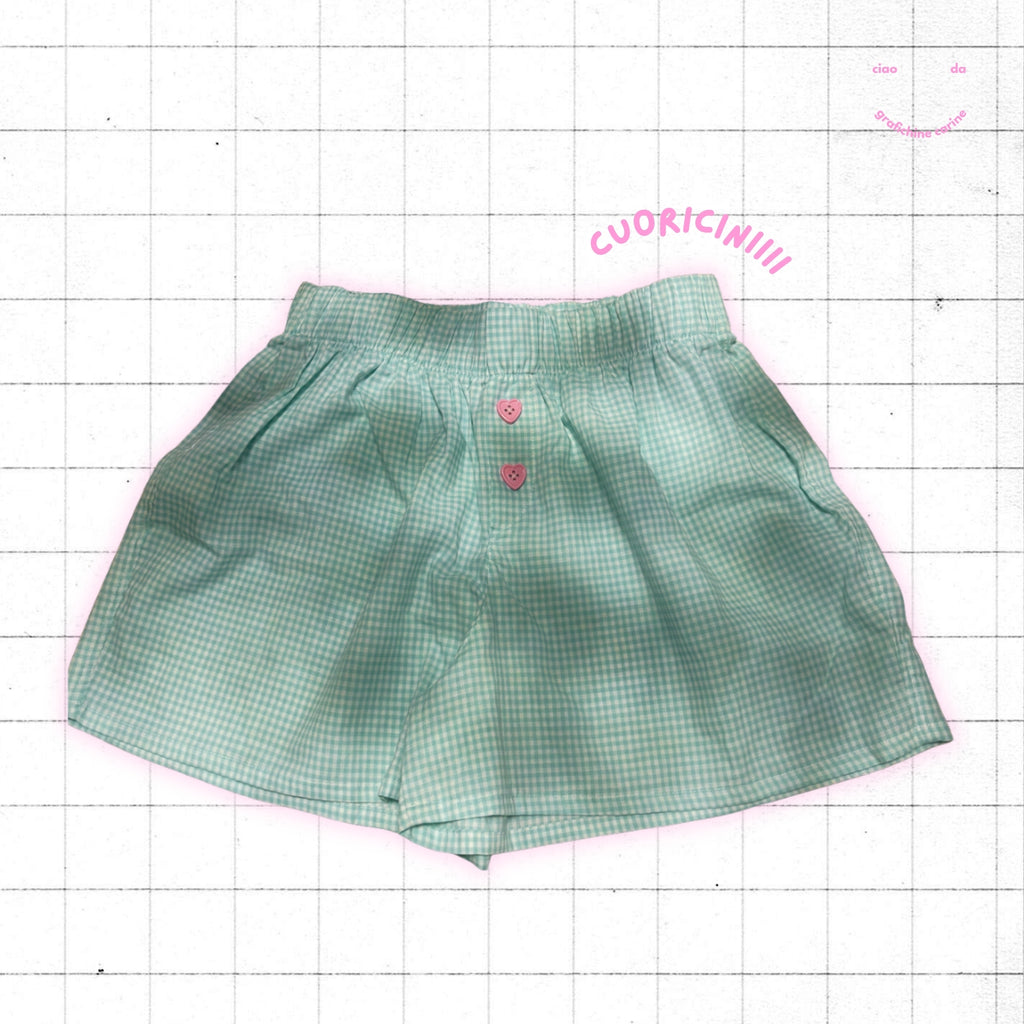 Boxerino - quadrettini verde acqua e bottoni cuoricini rosa