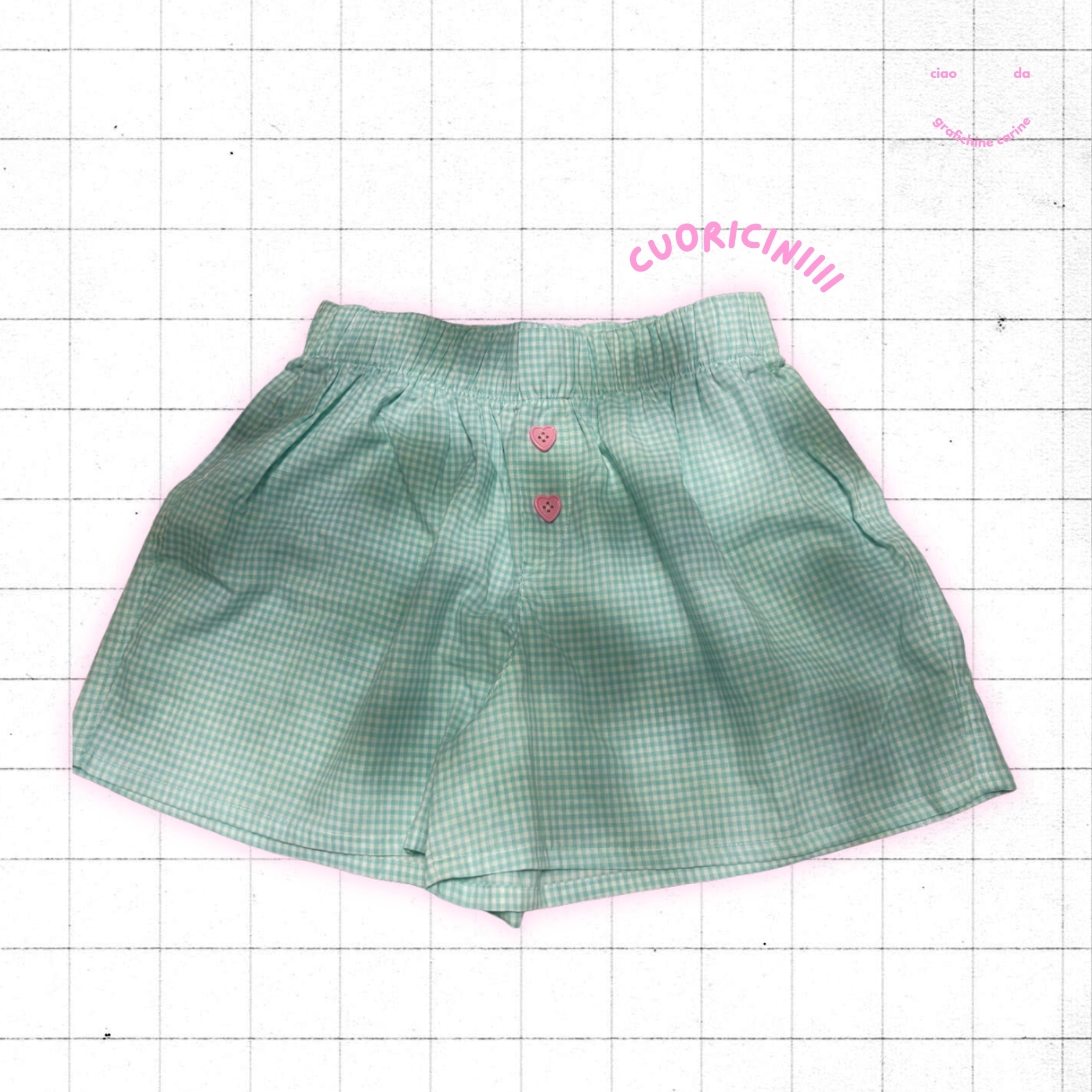 Boxerino - quadrettini verde acqua e bottoni cuoricini rosa